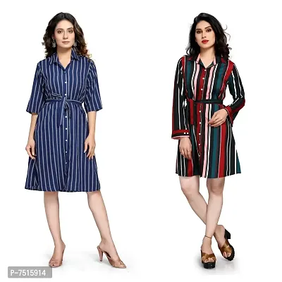 Reliable Crepe Striped Shirt Style Dresses For Women- Pack Of 2