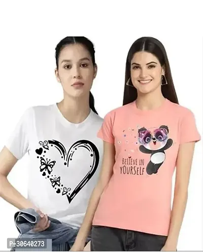 Women Printed Round Neck Half Sleeve T-Shirt Pack of -2-thumb0