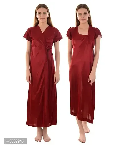 Women Satin Nightwear 2 Pc Set of Nighty  Wrap Gown