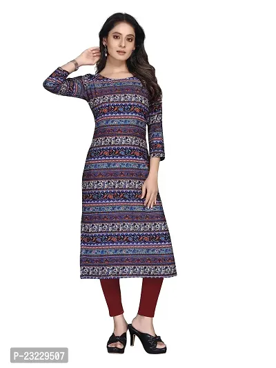 TRAMBAKUNDI Womens Printed Crepe 3/4 Sleeve Calf Length Lightweight and Comfortable Kurta (K117-Blue -Small)