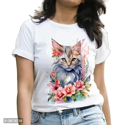 Roman Hills Cotton Half Sleeve White Tshirt for Women Round Neck Flower Cat-thumb0