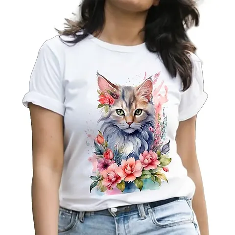 Roman Hills Half Sleeve Tshirt for Women Round Neck Flower Cat