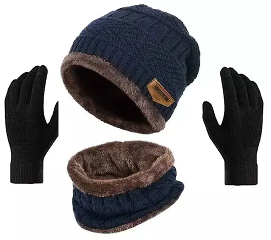 CHITRANSH ENTERPRISE Winter Knit Beanie Cap Hat Neck Warmer Scarf and Woolen Gloves Set for Men & Women (3 Piece)