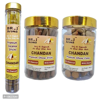 Brij Aroma Chandan Fragrance Combo Of Incense Sticks, Dhoop Sticks, Cones (100 gm each)