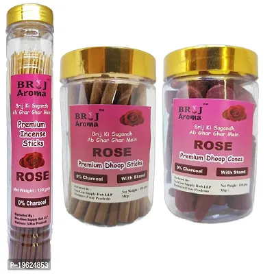 Brij Aroma Rose Fragrance Combo of Incense Sticks, Dhoop Sticks, Cones with Stand