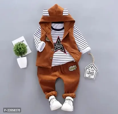 Comfortable Brown Cotton Printed T-Shirt And Trousers With Jacket For Kids-thumb0