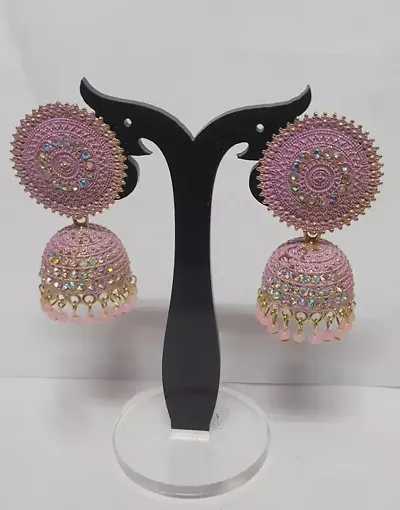 Pink Alloy Beads Jhumkas Earrings For Women