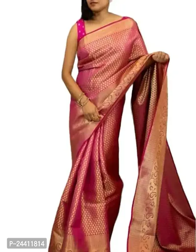 Creative Collection Kanjeevaram Raw Silk Saree With Blouse Piece Zari Woven Work Sarees For Woman (Pink)-thumb0