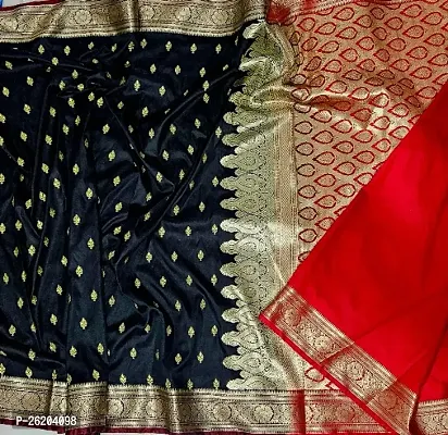 Women's Banarasi Satin Silk Saree With Heavy Pallu Half-Full Work Embroidery