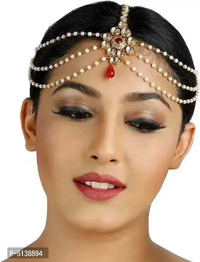 Hair Jewellery Stylish Pearl  Kundan Traditional Gold Plated Matha Patti Maang Tikka  for Women-thumb0