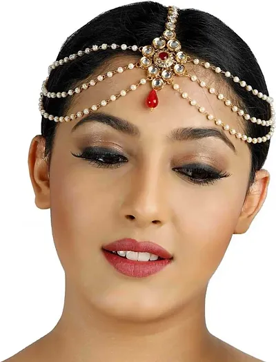 Hair Jewellery Stylish Pearl Kundan Traditional Plated Matha Patti Maang Tikka for Women