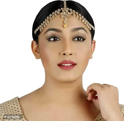 Hair Jewellery Stylish Pearl  Kundan Traditional Gold Plated Matha Patti Maang Tikka For Women-thumb0