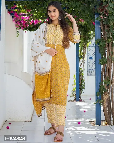 Stylish Yellow Printed Cotton Kurta, Bottom and Dupatta SetFor Women-thumb0