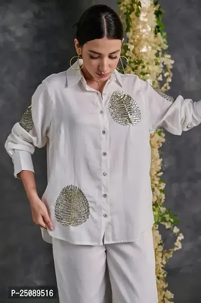 Contemporary White Cotton Embroidered Shirt with Pant Sets For Women