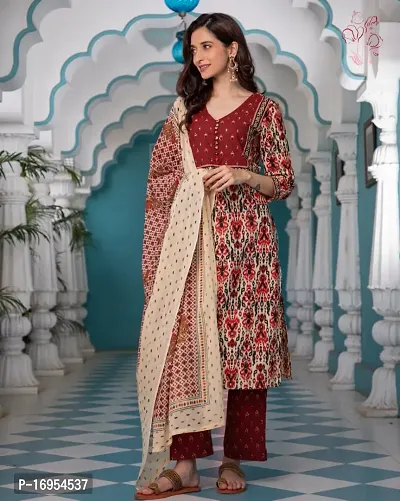 Stylish Maroon Printed Cotton Kurta, Bottom and Dupatta SetFor Women