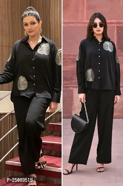 Contemporary Black Cotton Embroidered Shirt with Pant Sets For Women