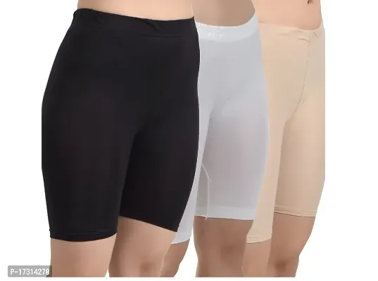 RICONIC Womens  Girls Nylon Lycra Stretchable Cycling Shorts/Under Skirt Shorts, Safety Shorts Black,Skin,White(Pack of 3)-thumb0