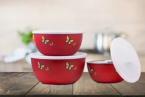 Microwave Safe Tiffin Lunch Box Bowls Lid Airtight Designer Butterfly Set Of 3 Stainless Steel Disposable Decorative Bowl (Red, Pack Of 3)-thumb2