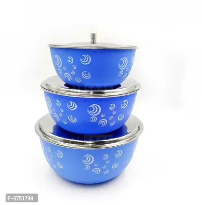Microwave Safe Stainless Steel Round Lid Bowl/Box/Kitchen Food Storage Containers, Tiffin, Lunch Box, Stainless Steel Lid Bowl Set Of 3 Designer Blue - 1250 Ml, 750 Ml, 500 Ml Steel Utility Container (Pack Of 3, Blue)