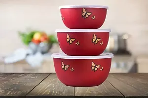 Microwave Safe Tiffin Lunch Box Bowls Lid Airtight Designer Butterfly Set Of 3 Stainless Steel Disposable Decorative Bowl (Red, Pack Of 3)-thumb1