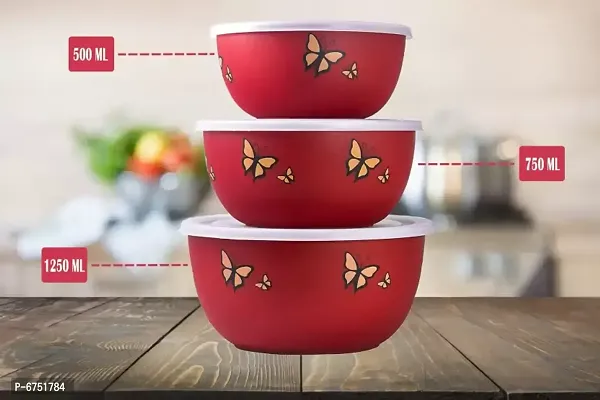 Microwave Safe Tiffin Lunch Box Bowls Lid Airtight Designer Butterfly Set Of 3 Stainless Steel Disposable Decorative Bowl (Red, Pack Of 3)-thumb0
