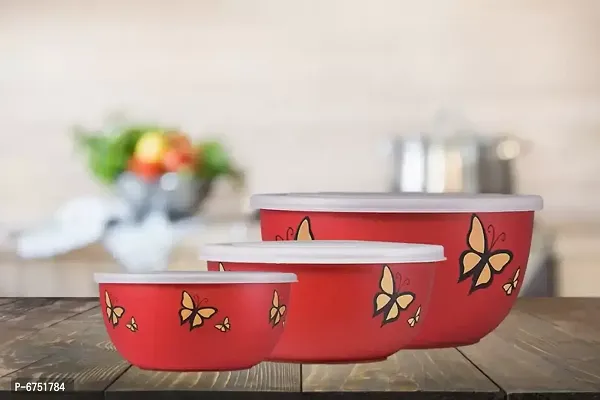 Microwave Safe Tiffin Lunch Box Bowls Lid Airtight Designer Butterfly Set Of 3 Stainless Steel Disposable Decorative Bowl (Red, Pack Of 3)-thumb5