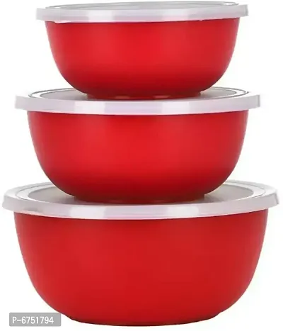 Microwave Safe Stainless Steel Kitchen Food Storage Containers, Mixing Bowl Set With Airtight Plastic Lids, Set Of 3 Pcs (500, 750, 1250 Milliliter) Stainless Steel Storage Bowl (Red, Pack Of 3)-thumb0