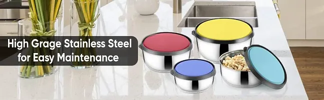 ALSAAS-PERFECT CHOICE Stainless Steel Microwave Safe Bowls Steel Set 4 Multi Color LID-thumb2