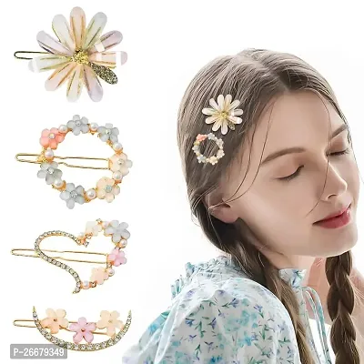 THE GLAM NIYATI 4 Piece Korean Style Pearl Flower Metal Hair clips, Plastic Pearl Barrettes Hairpin for Women  Girls(Multicolor)-thumb0