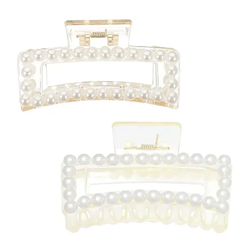 THE GLAM NIYATI Medium Size Pearl Rectangle Hair Claw Clips Hair Clips Thick Long Hair Jaw Clips Clutches Barrettes Hair Accessories for Women and Girls- Pack of 2