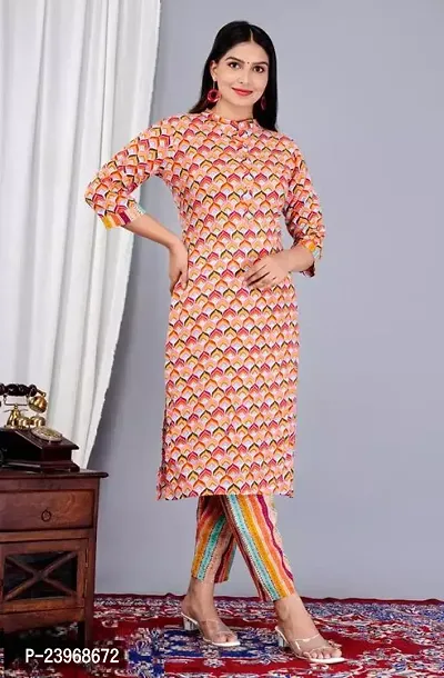 Stylish Peach Rayon Printed Kurta with Pant Set For Women