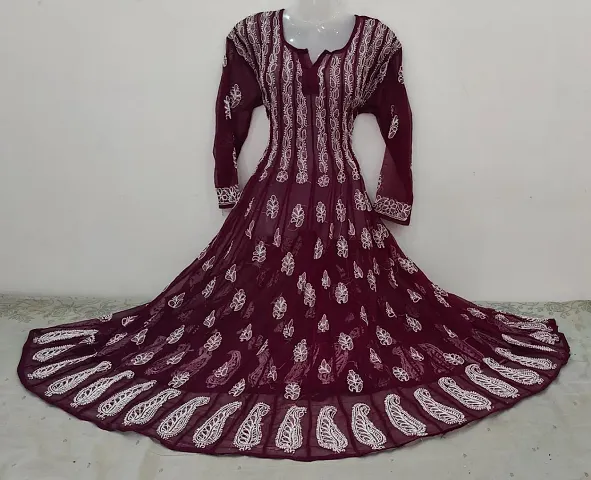 Trendy Flared Purple Embroidered Georgette Kurta For Women