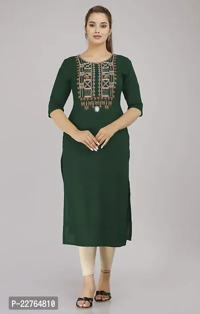 Glamson Women's Viscose Rayon Calf Length Green Embroidered Round Neck 3/4 Sleeve Kurti(Pack of 1,M)