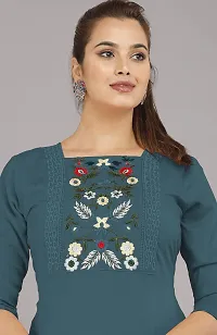 Glamson Women's Viscose Rayon Calf Length Teal Embroidered Square Neck 3/4 Sleeve Kurti(Pack of 1,S)-thumb2