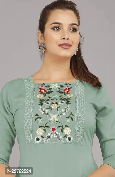 Glamson Women's Viscose Rayon Calf Length Mint Green Embroidered Square Neck 3/4 Sleeve Kurti(Pack of 1,L)-thumb4