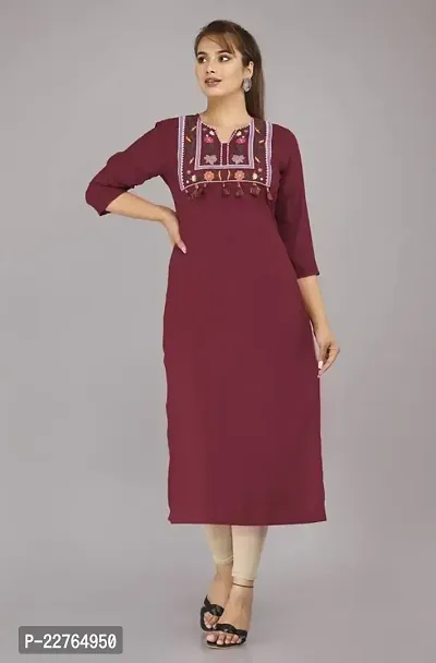 Glamson Women's Viscose Rayon Calf Length Maroon Embroidered Sweetheart Neck 3/4 Sleeve Kurti(Pack of 1,XL)