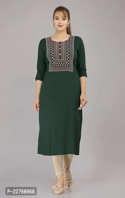 Glamson Women's Viscose Rayon Calf Length Green Embroidered Round Neck 3/4 Sleeve Kurti(Pack of 1,XXL)