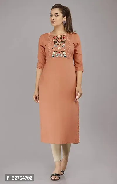 Glamson Women's Viscose Rayon Calf Length Orange Embroidered Square Neck 3/4 Sleeve Kurti(Pack of 1,M)