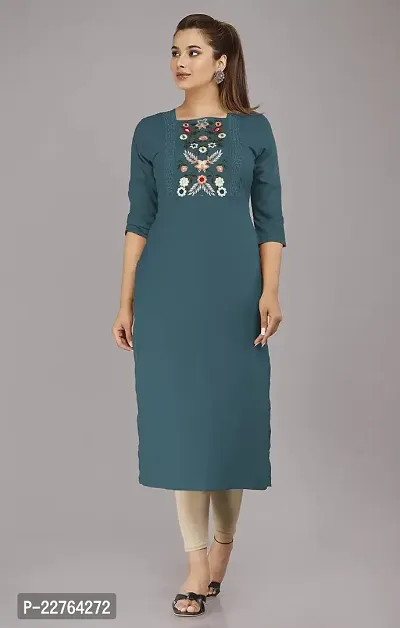 Glamson Women's Viscose Rayon Calf Length Teal Embroidered Square Neck 3/4 Sleeve Kurti(Pack of 1,S)-thumb0