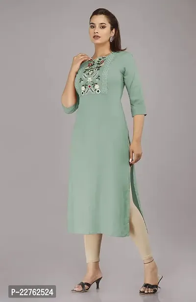 Glamson Women's Viscose Rayon Calf Length Mint Green Embroidered Square Neck 3/4 Sleeve Kurti(Pack of 1,L)-thumb3