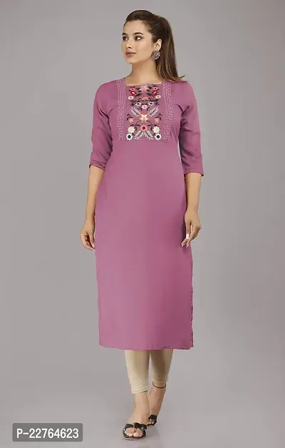 Glamson Women's Viscose Rayon Calf Length Pink Embroidered Square Neck 3/4 Sleeve Kurti(Pack of 1,S)