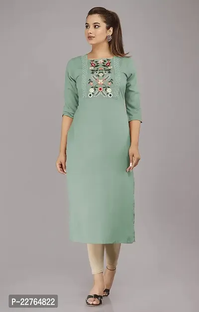 Glamson Women's Viscose Rayon Calf Length Mint Green Embroidered Square Neck 3/4 Sleeve Kurti(Pack of 1,XL)