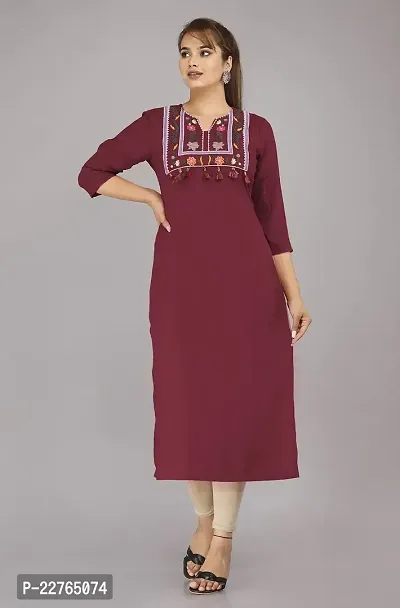 Glamson Women's Viscose Rayon Calf Length Maroon Embroidered Asymmetric Neck 3/4 Sleeve Kurti(Pack of 1,S)