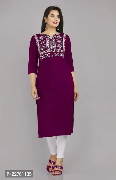 Glamson Women's Viscose Rayon Below Knee Wine Colour Embroidered Round Neck 3/4 Sleeve Kurti(Pack of 1,M)