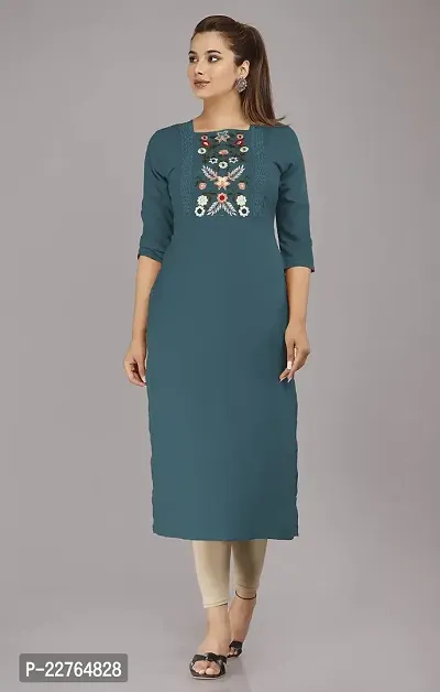 Glamson Women's Viscose Rayon Calf Length Teal Embroidered Square Neck 3/4 Sleeve Kurti(Pack of 1,XL)