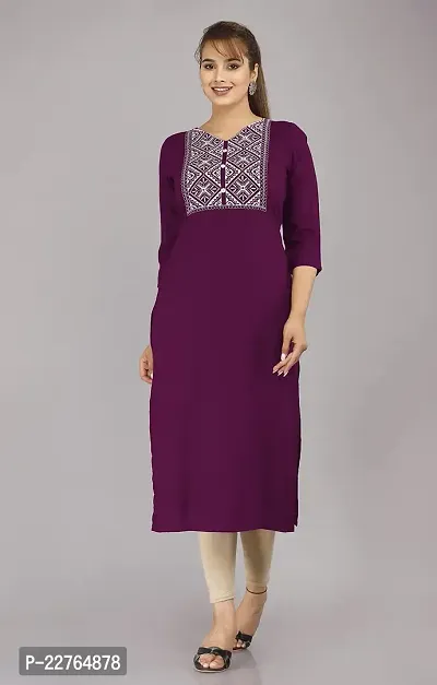 Glamson Women's Viscose Rayon Calf Length Purple Embroidered V Neck 3/4 Sleeve Kurti(Pack of 1,XL)