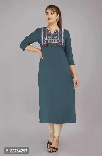 Glamson Women's Viscose Rayon Calf Length Teal Embroidered Asymmetric Neck 3/4 Sleeve Kurti(Pack of 1,M)