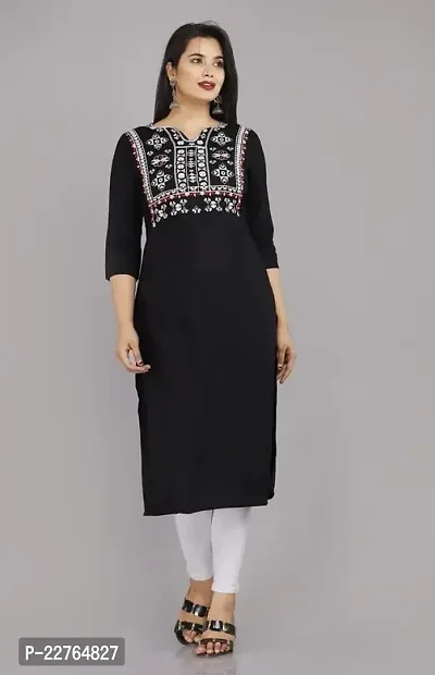 Glamson Women's Viscose Rayon Below Knee Black Embroidered Round Neck 3/4 Sleeve Kurti(Pack of 1,L)