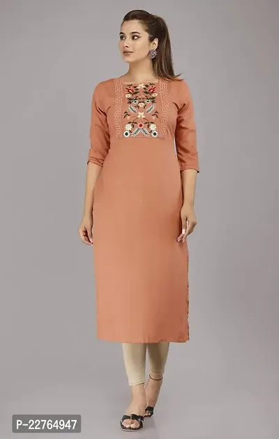 Glamson Women's Viscose Rayon Calf Length Orange Embroidered Square Neck 3/4 Sleeve Kurti(Pack of 1,L)