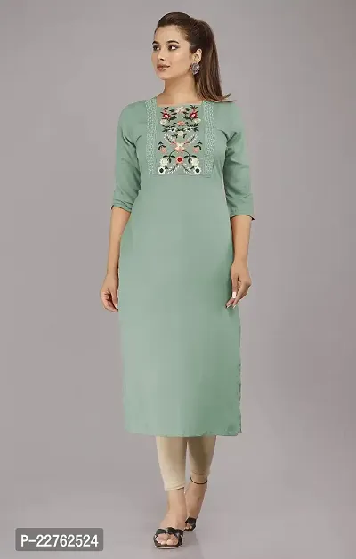 Glamson Women's Viscose Rayon Calf Length Mint Green Embroidered Square Neck 3/4 Sleeve Kurti(Pack of 1,L)-thumb0